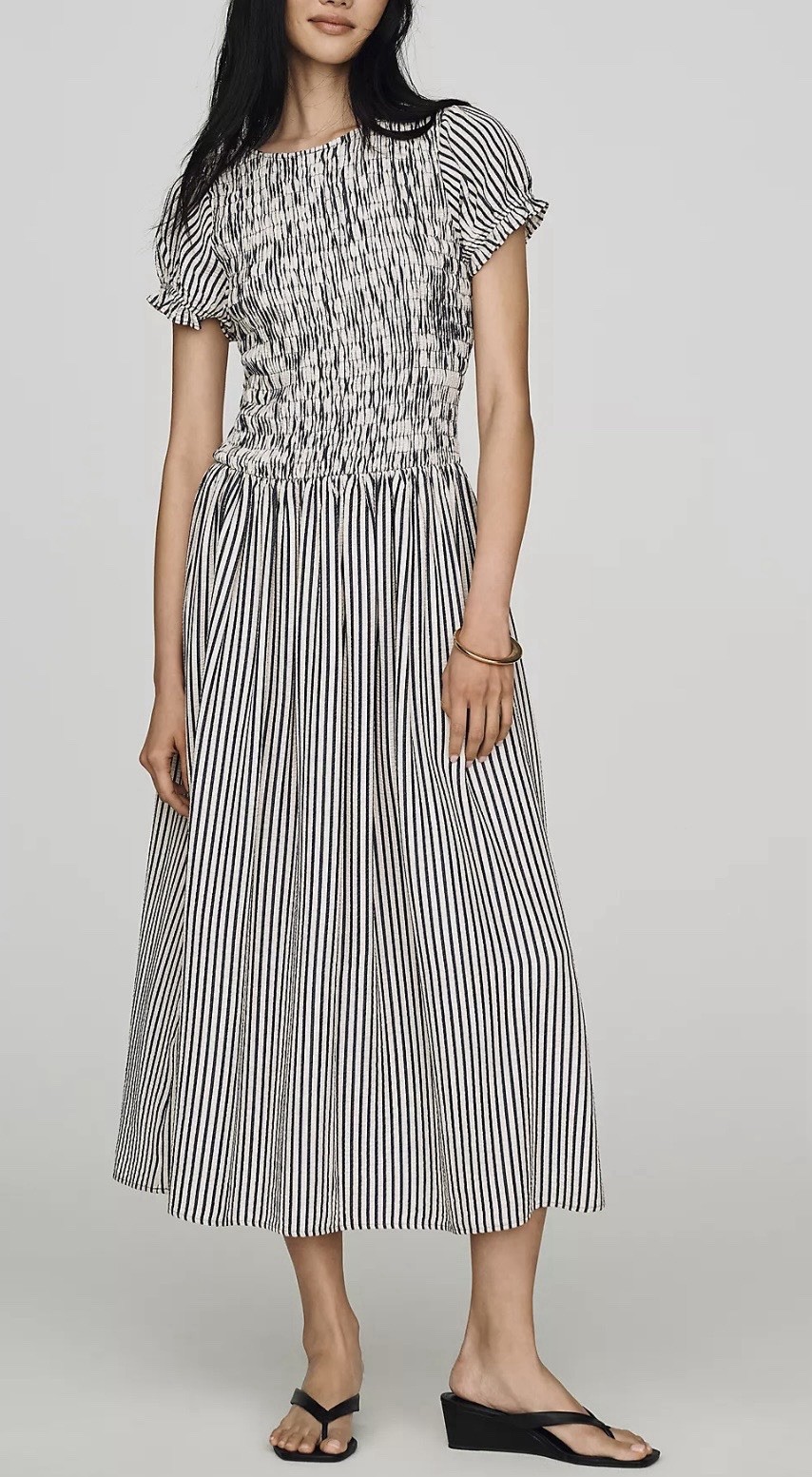 NWT Anthropologie Maeve Margie Smocked Stripe Midi Dress Blue XXS