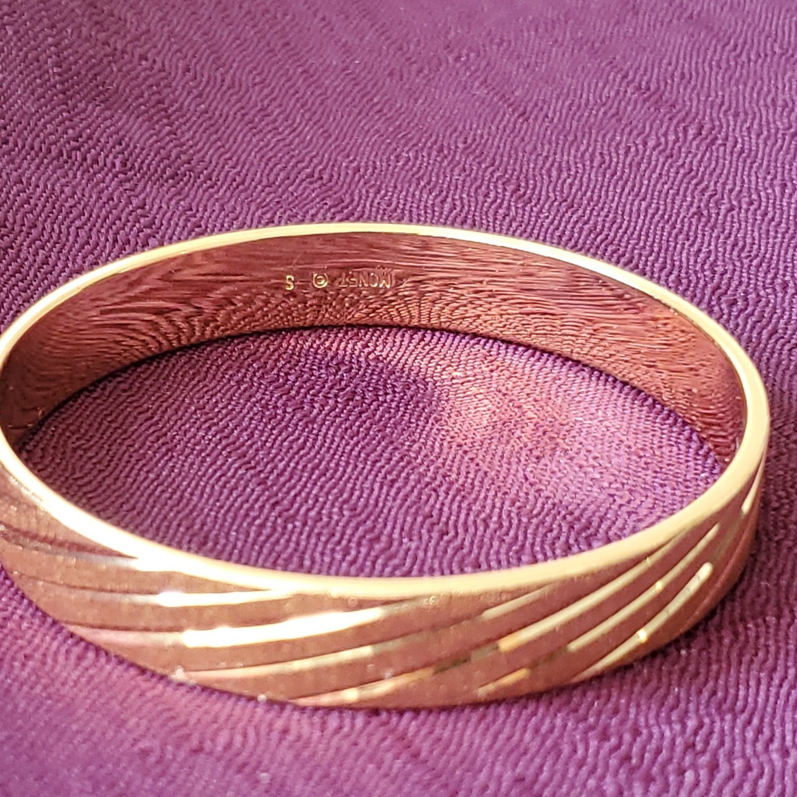 VTG Monet Gold Tone Etched Bangle Bracelet Signed Classic Minimalist Stackable