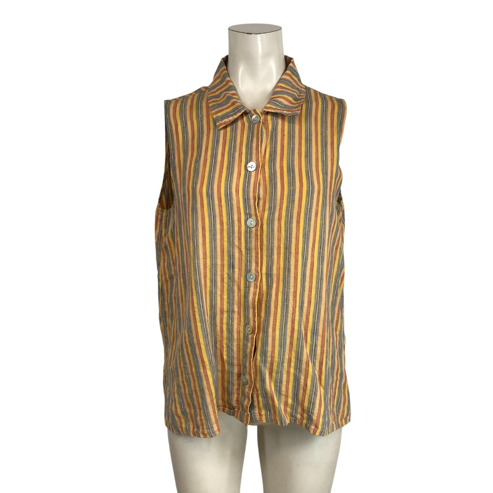 FLAX - WOMEN\'S SMALL -MULTICOLOR STRIPE SHORT SLEEVELESS BUTTON UP LINEN TOP FLAX - WOMEN\'S SMALL -MULTICOLOR STRIPE SHORT SLEEVELESS BUTTON UP LINEN TOP