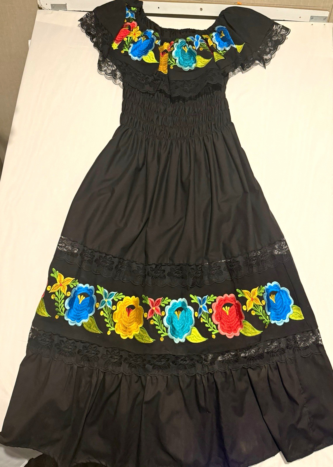 Handmade Women's Black Cotton Mexican Dress Floral Embroidery Lace One Size Handmade Women's Black Cotton Mexican Dress Floral Embroidery Lace One Size