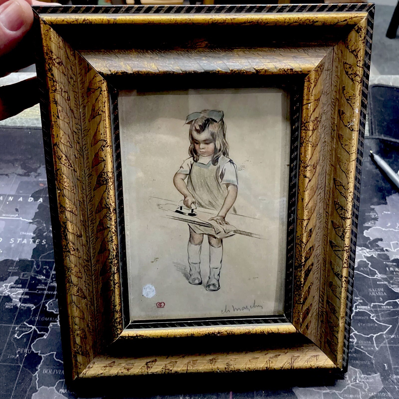 Early 1900s Watercolor Of Little French School Girl Ironing Early 1900s Watercolor Of Little French School Girl Ironing