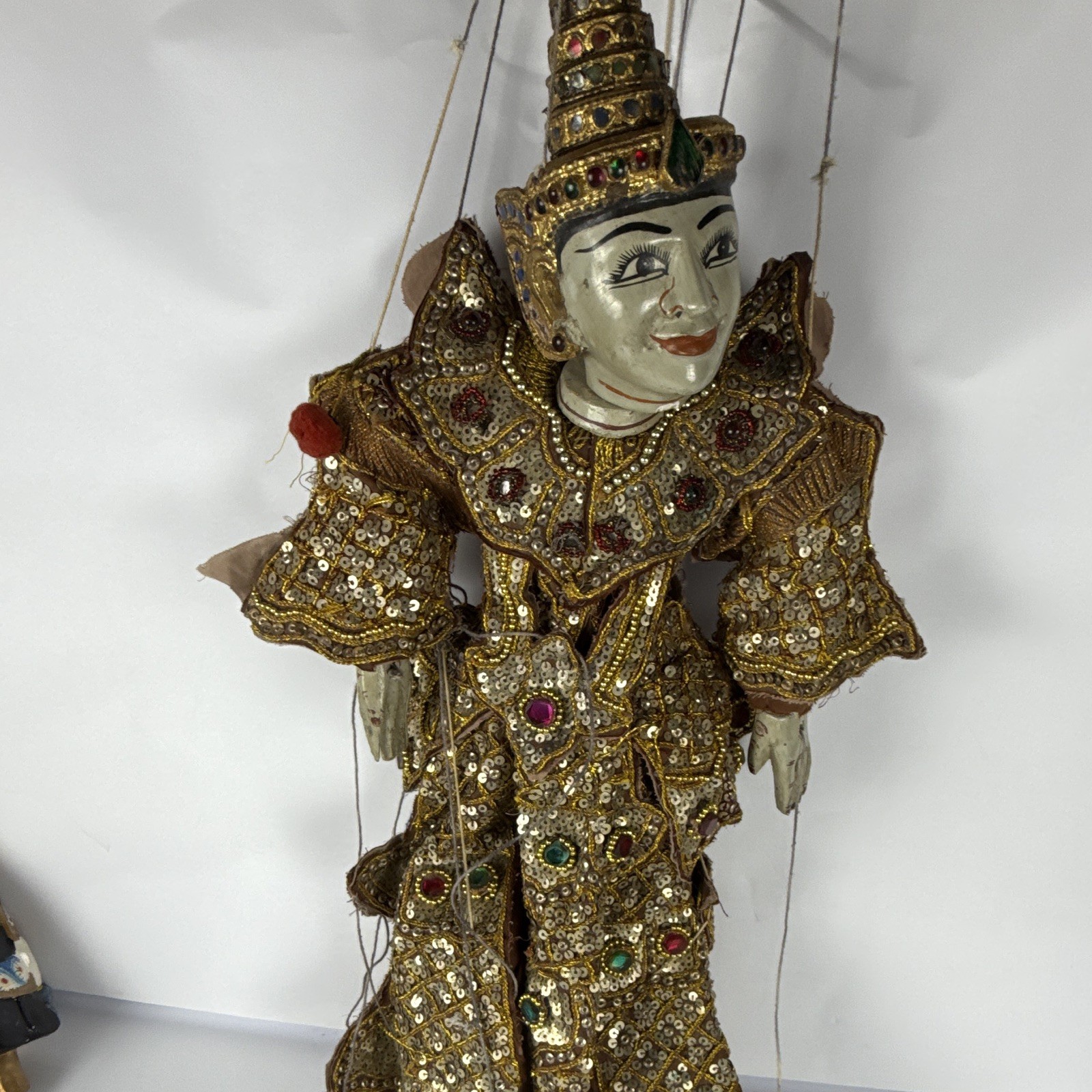 Vintage Burmese Marionette Puppet Wooden Hand Carved Myanmar String Doll Deva