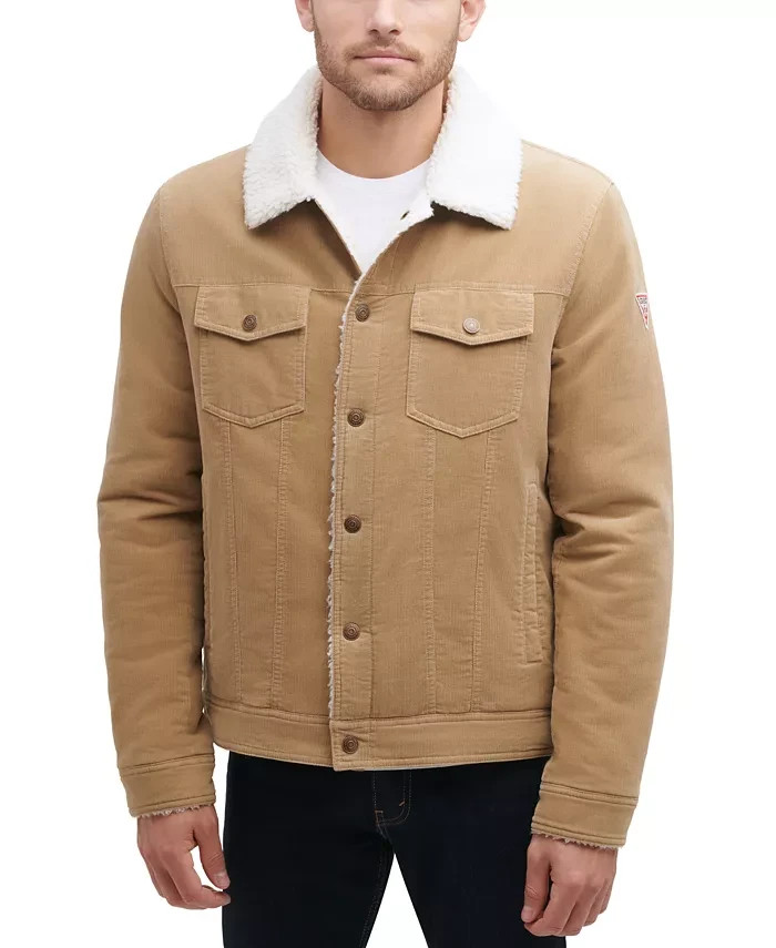 GUESS Tan Corduroy Bomber Jacket Mid Weight Regular Fit Sherpa Fur Collar 2XL