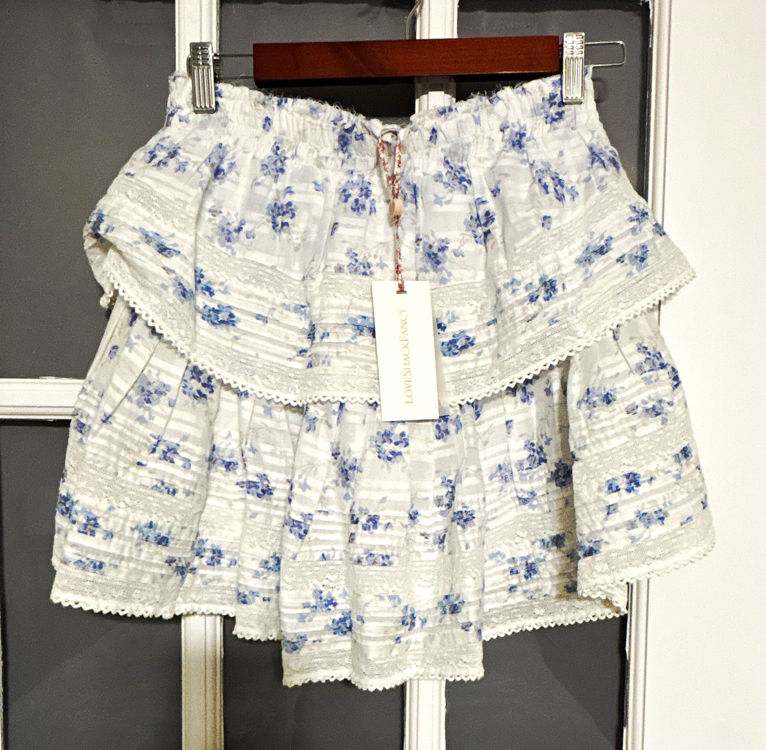 LoveShackFancy Women’s S Blue/White Floral Mini Skirt Layered Ruffle Lace