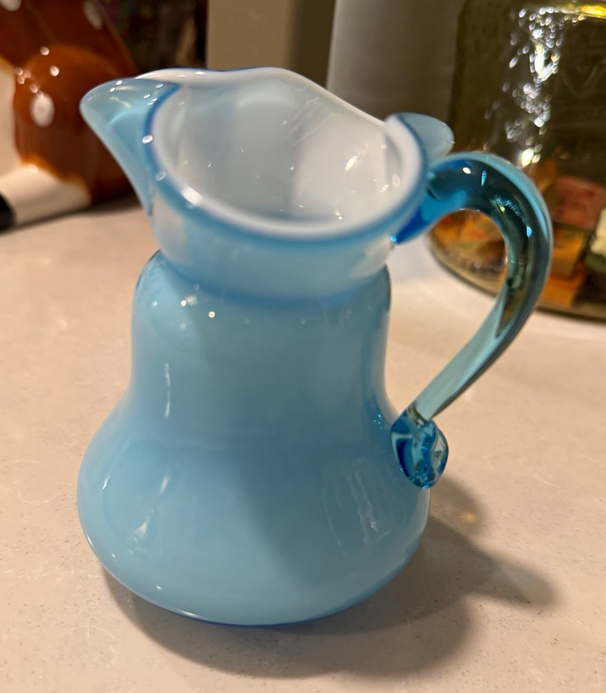 Vintage Kanawha Glass Blue Cased Art Glass Mini Pitcher Creamer 4” Ruffled Rim