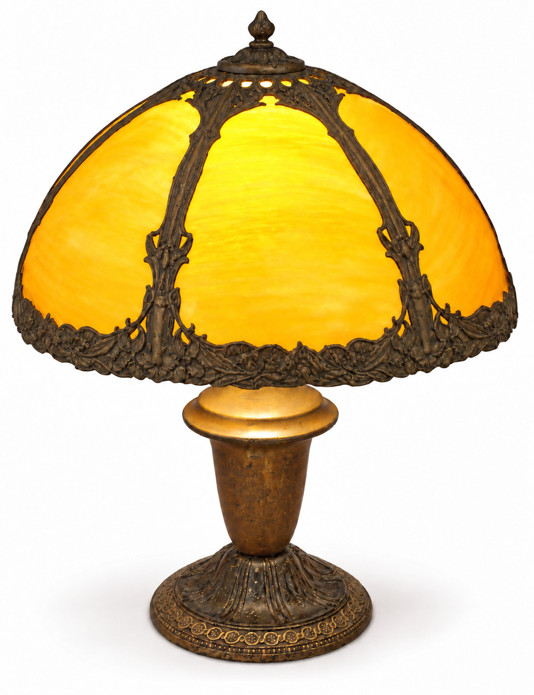 Vintage Art Nouveau Style Amber Glass Table Lamp with Ornate Metalwork