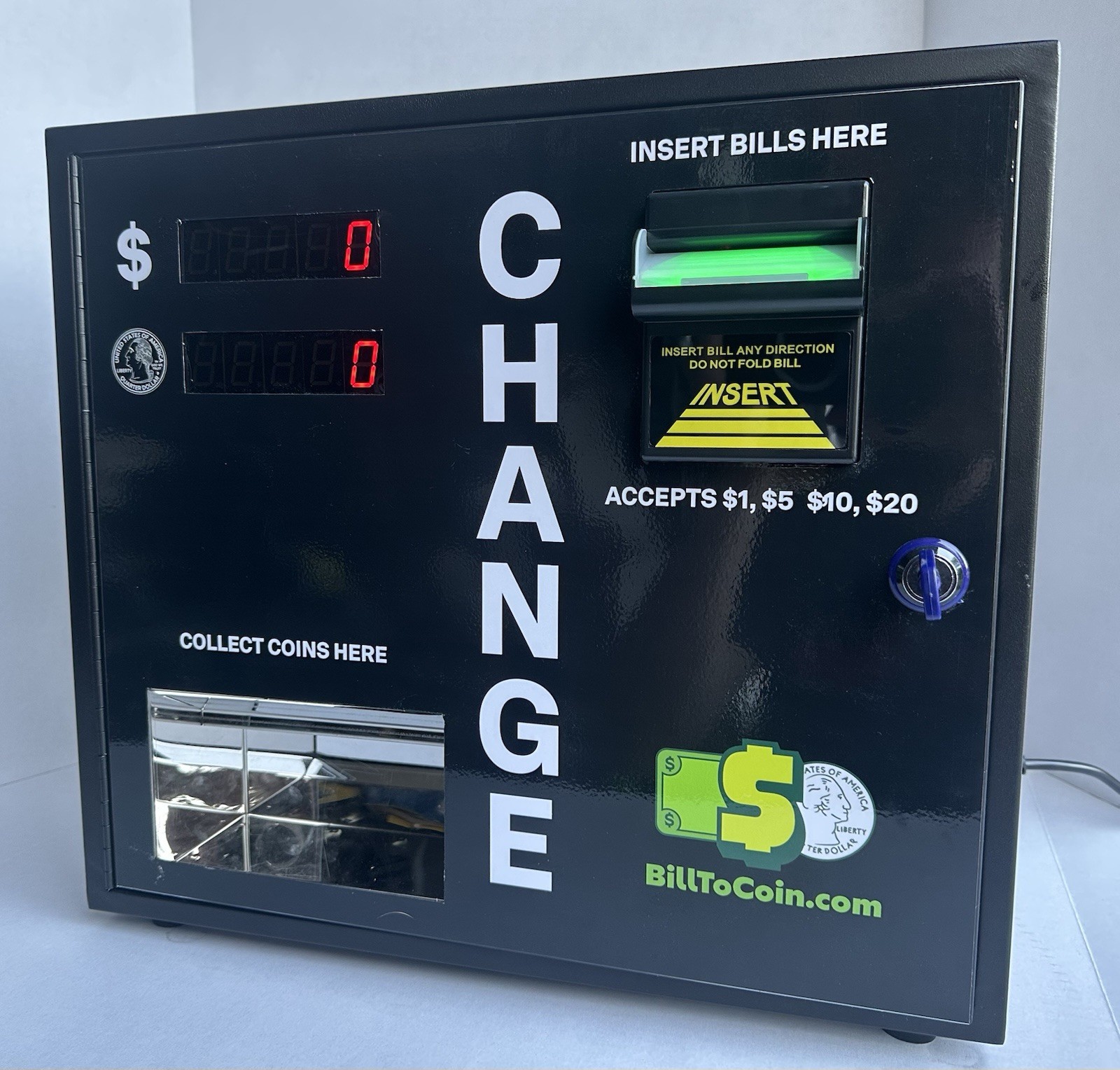 High Security Dollar To Quarter change machine fits 3000 quarters ($750) High Security Dollar To Quarter change machine fits 3000 quarters ($750)