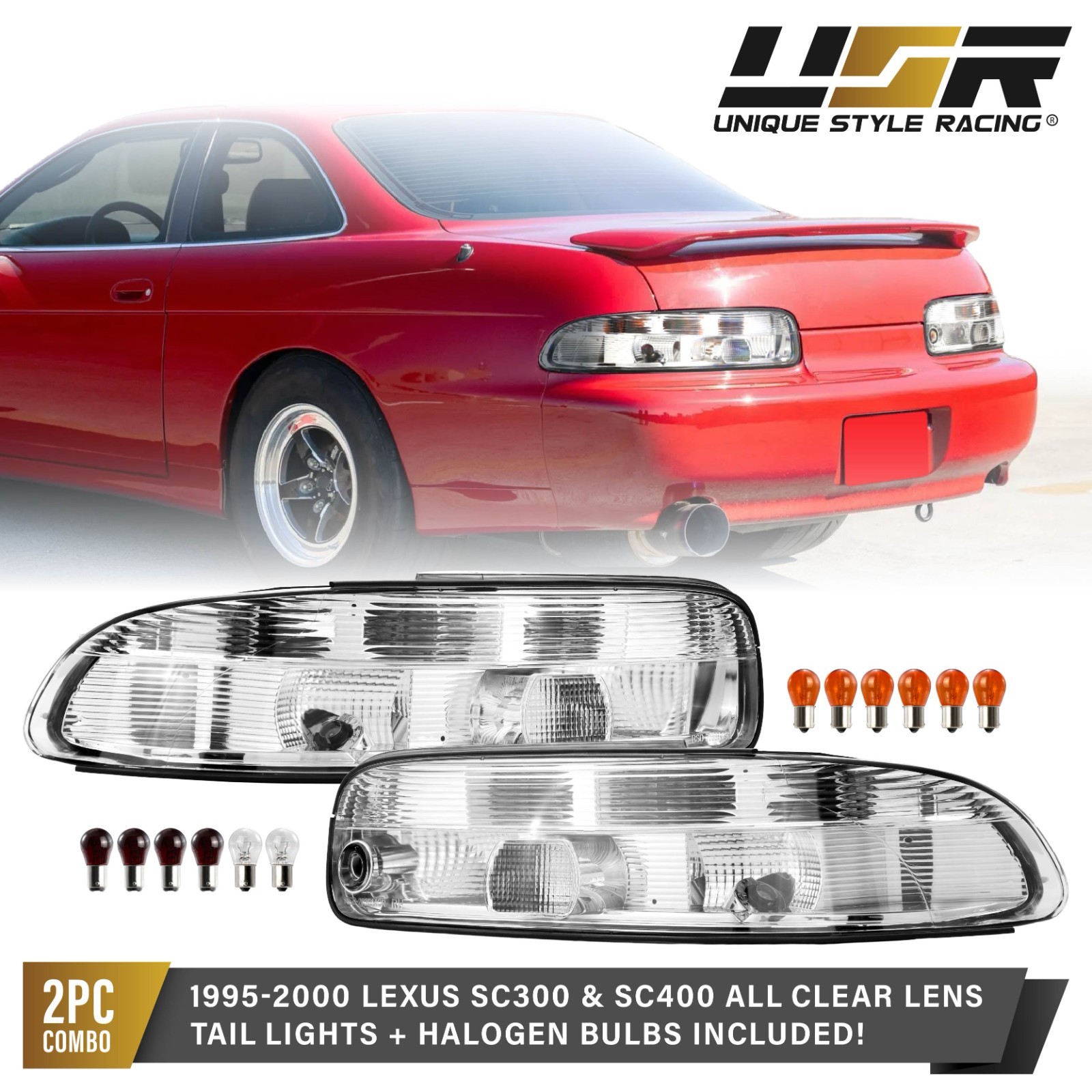 ALL CLEAR LENS Chrome Tail Light 2pc w/ Color Bulbs For 95-00 Lexus SC300 SC400
