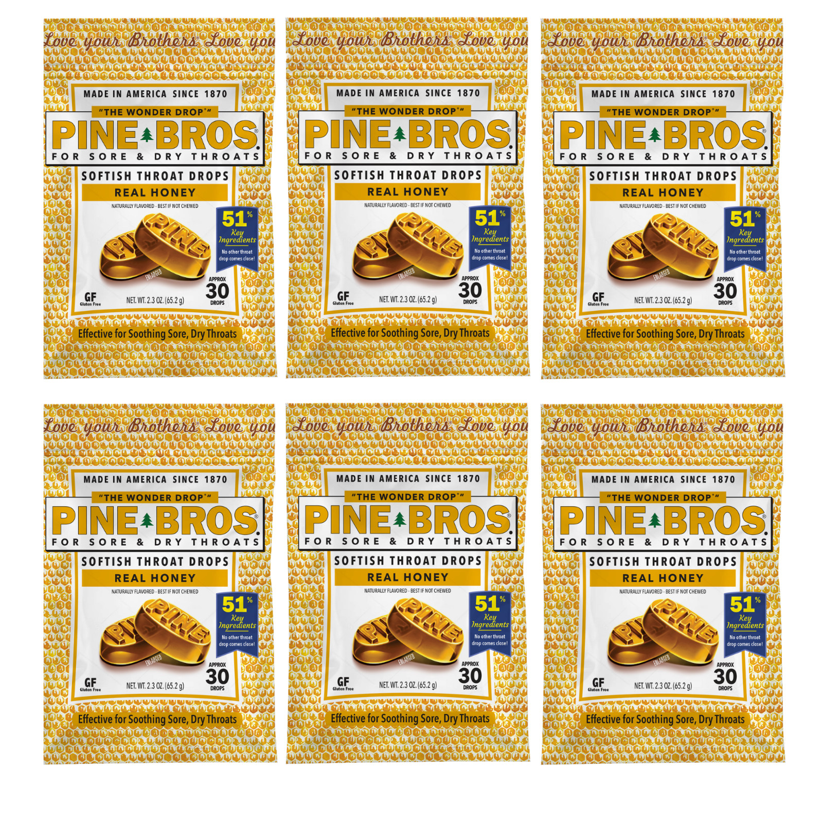 Pine Bros Honey Drops for Adults, Honey for Sore Throat, 30 Count, 6 Pack