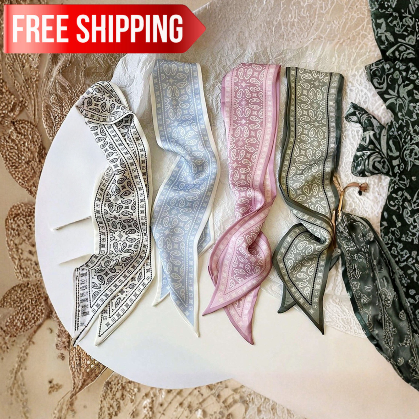 4pcs Elegant Women's Silk Scarf Cat Ear Headband Sweatband Hair Accessories