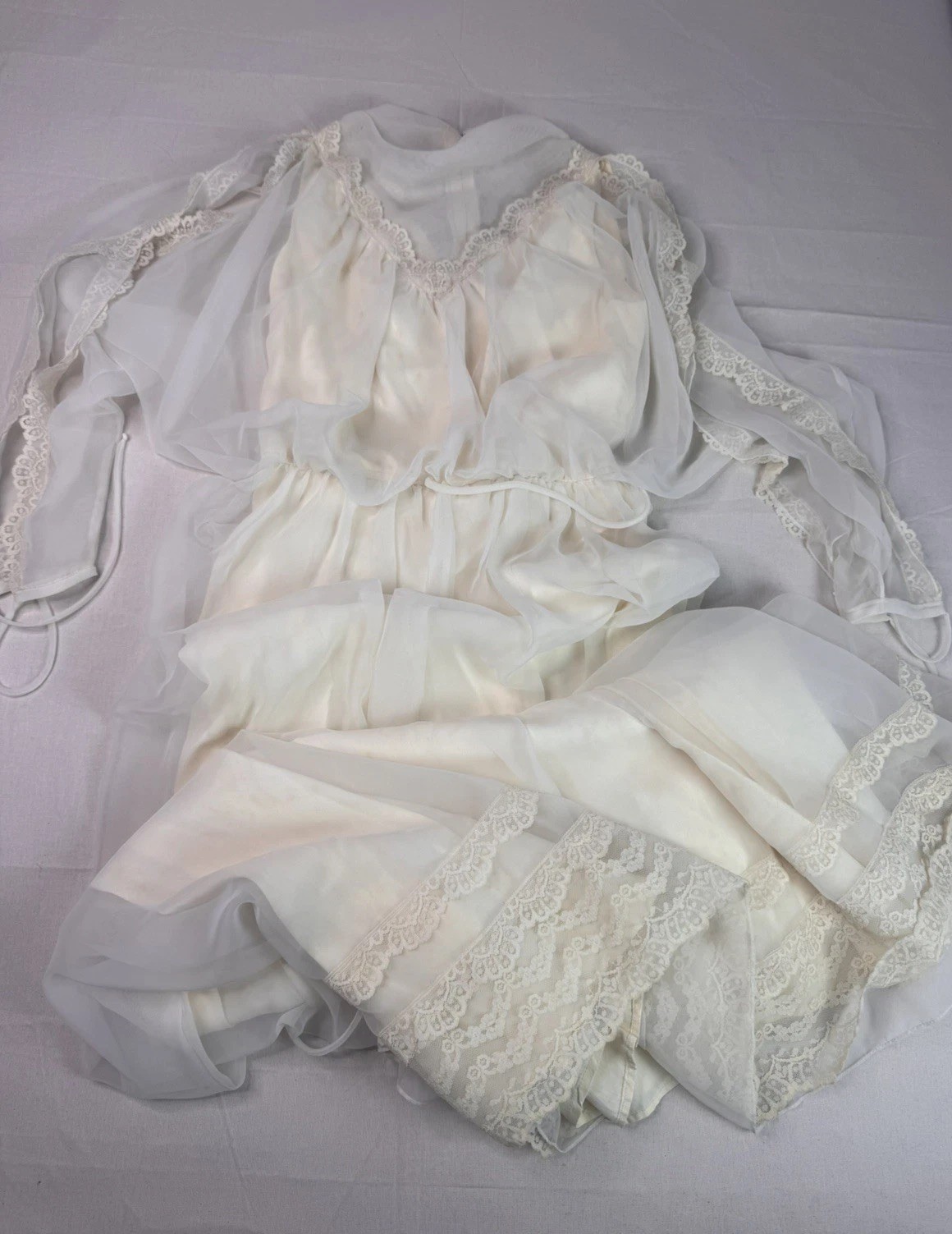 VTG 70s Alessandro Bridals Chiffon Lace Prairie Maxi Wedding Dress Sheer Boho S