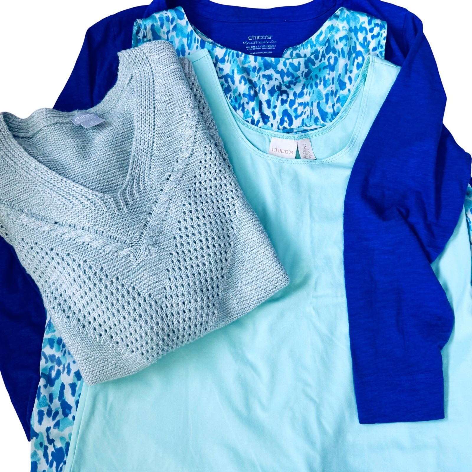 Chico\'s Size 2 L 12 Coordinated Blue Aqua 4 Piece Bundle Sweater Tanks Cardigan