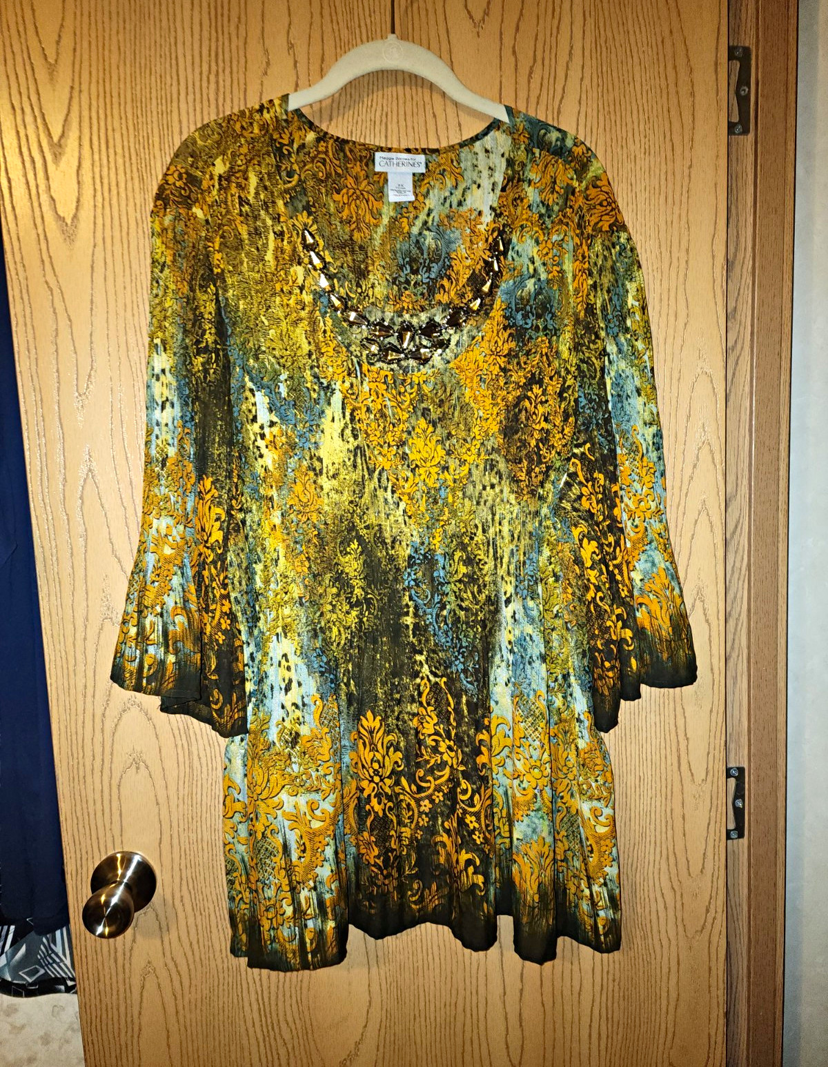 Maggie Barnes for Catherines 2X Plus Abstract Tunic Blouse Sequin 3/4 Bell