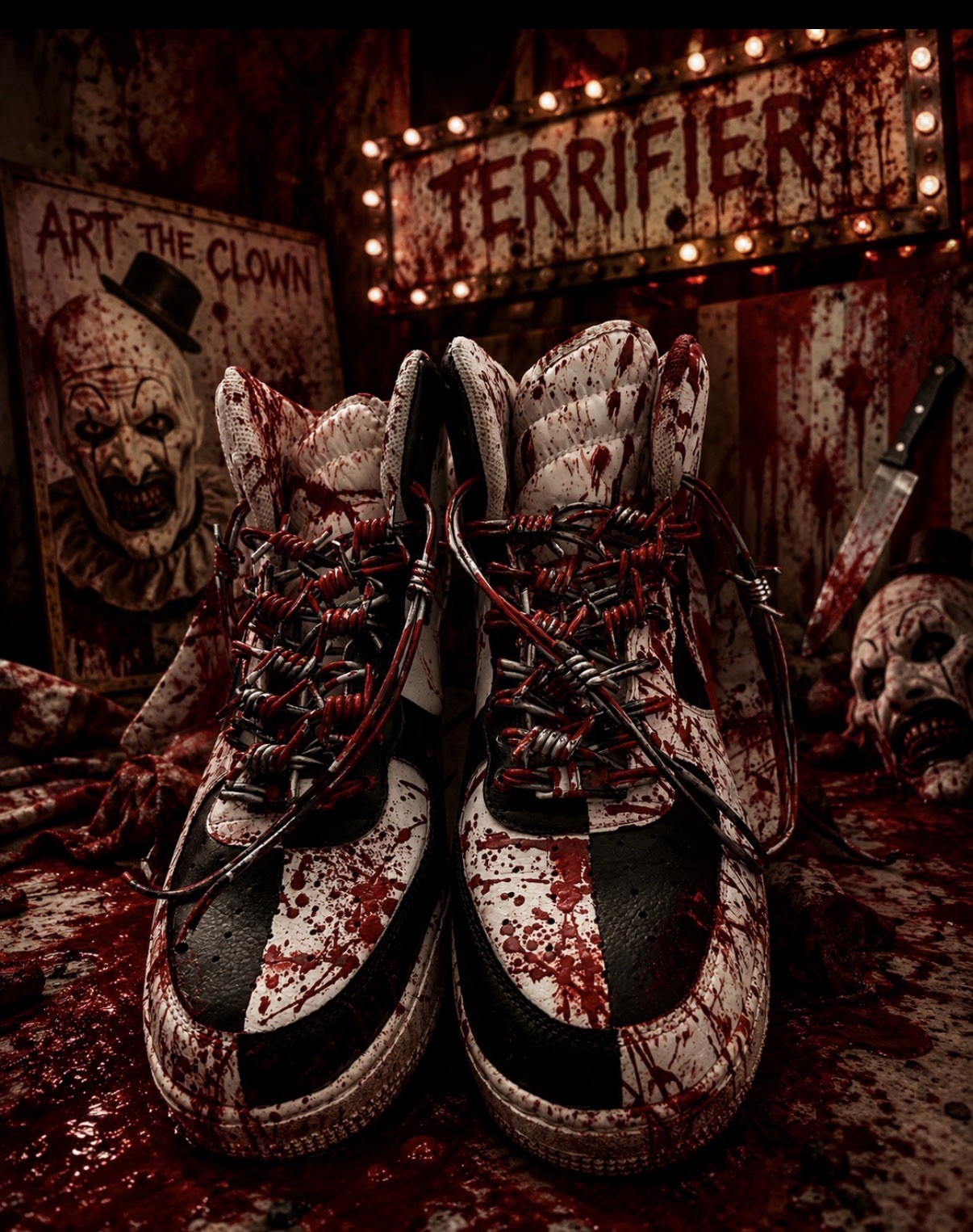 Men’s 12 Custom hand painted “ ART AF1s  with barbed wire bloody laces 
