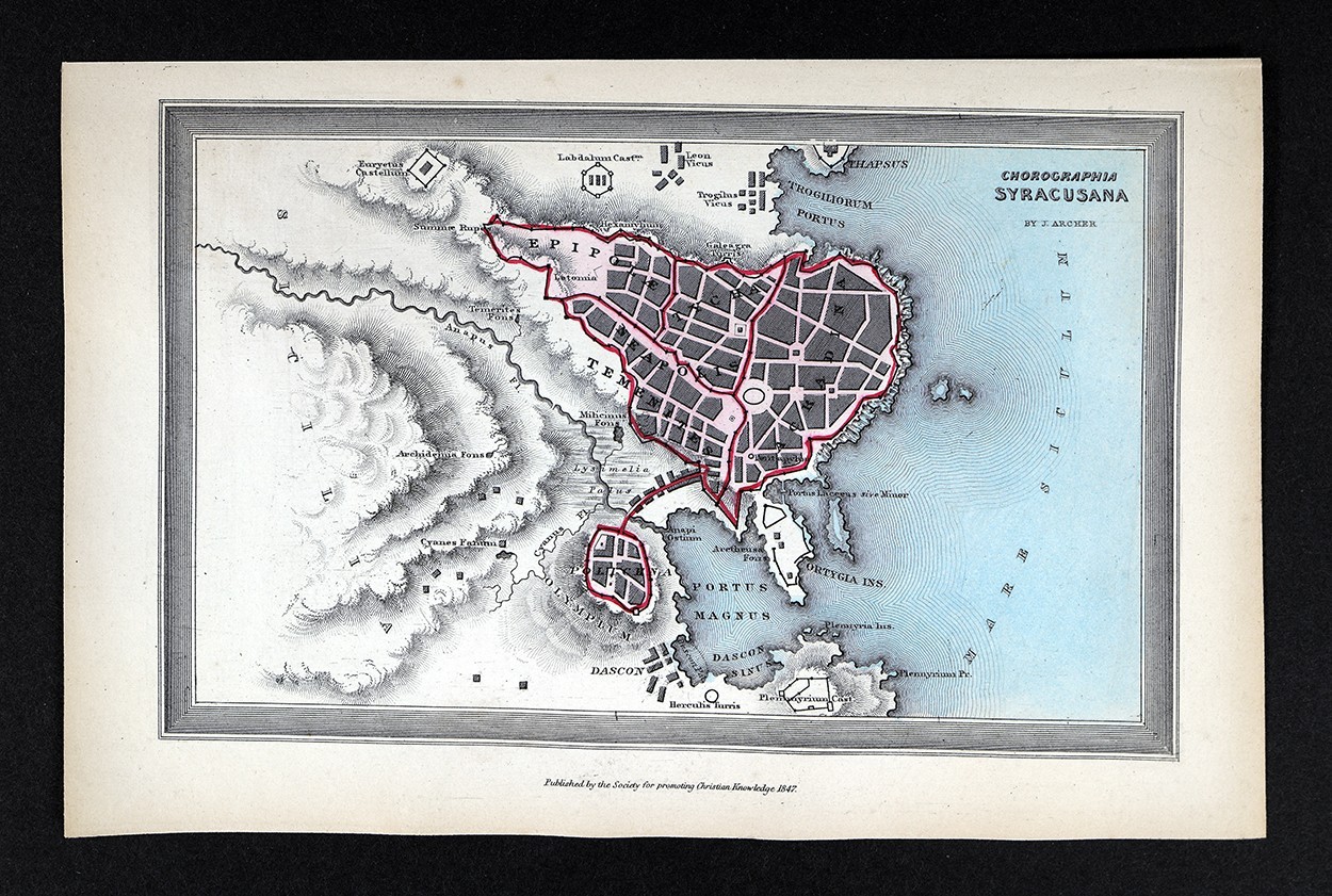 1847 Archer Map Chorographia Syracusana Syracuse Italy Sicily Portus Magnus