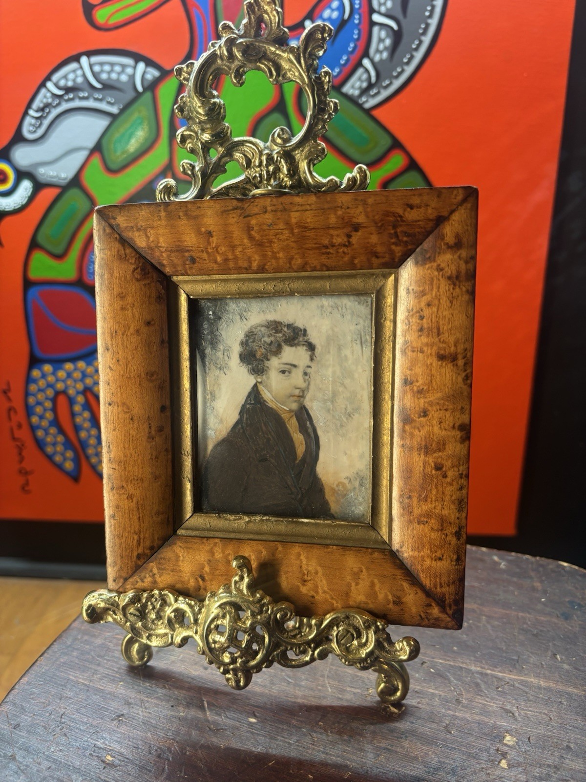 C.1840 WATERCOLOUR PORTRAIT MINIATURE – BIRD’S-EYE MAPLE FRAME 