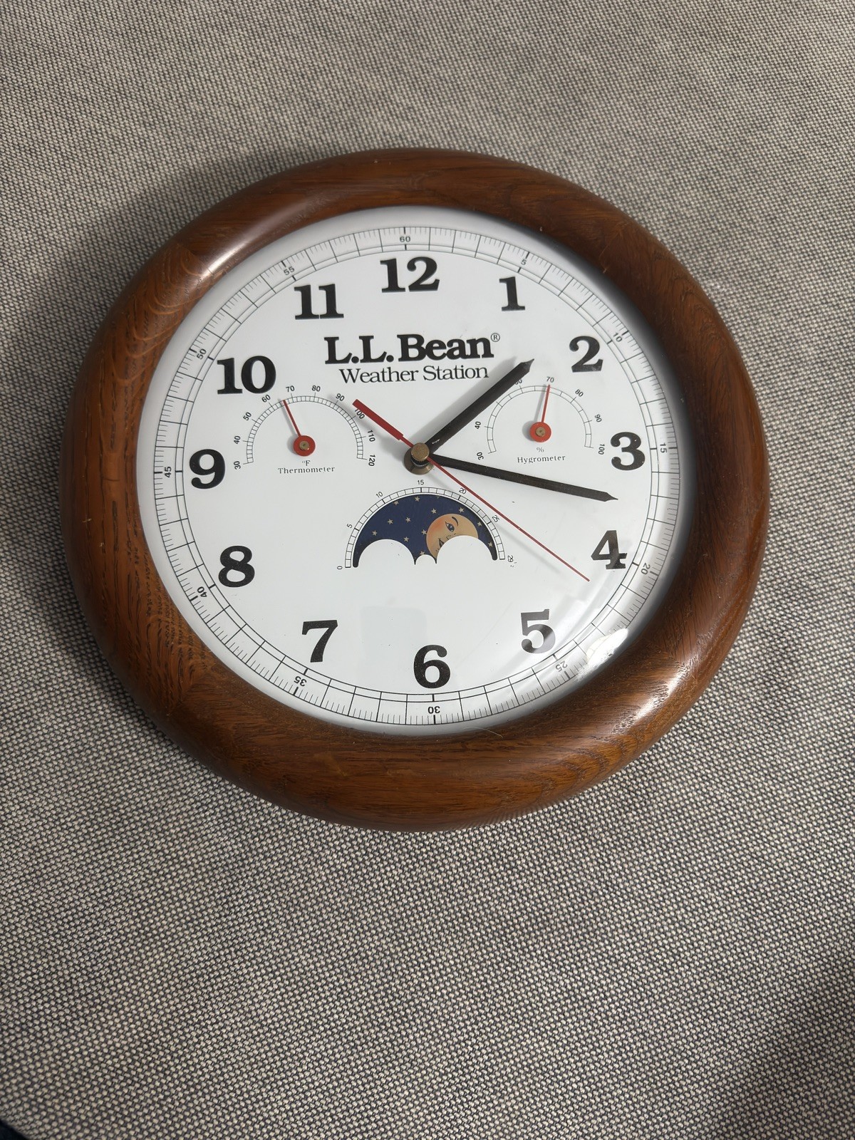 RARE L.L. Bean Weather Station Wall Clock 11.5” Dark Oak Frame MoonPhase Vintage