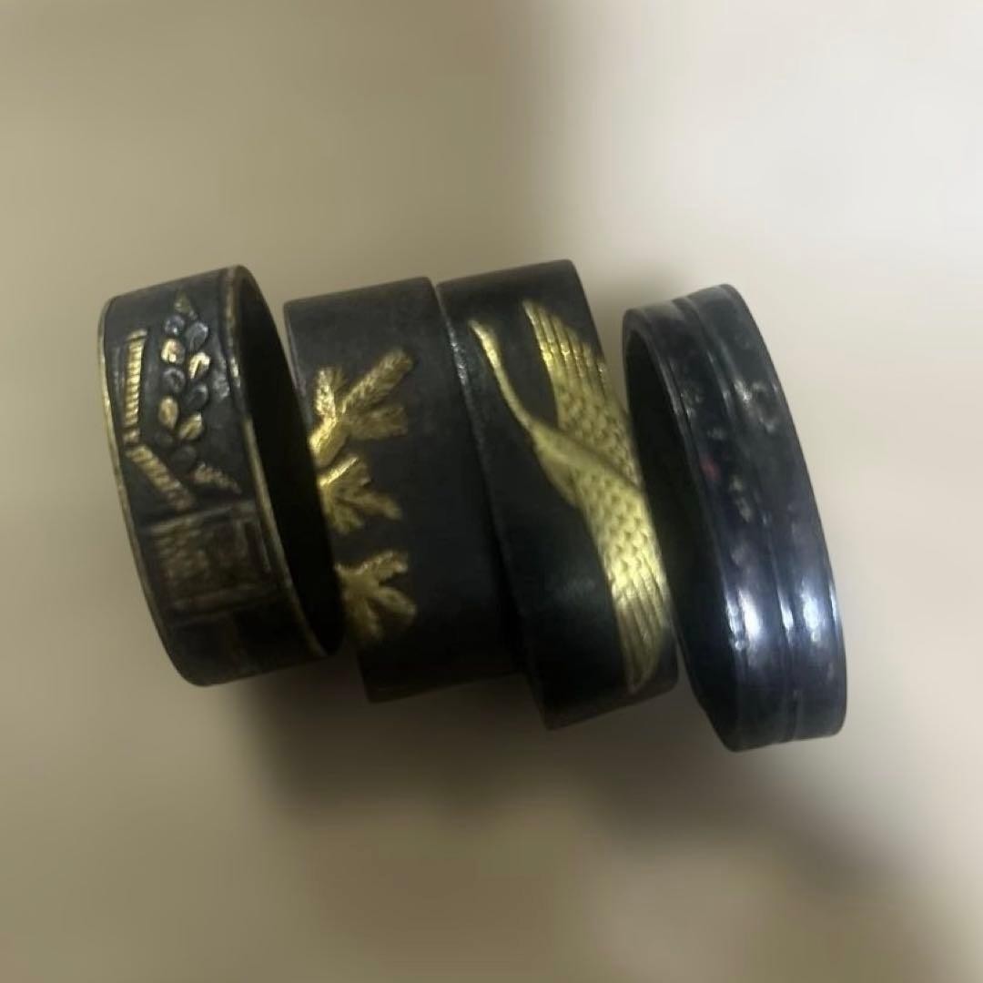 Japanese Sword Fuchi Kashira Set Iron Bird and Plant Motifs with Gold Inlay Edo