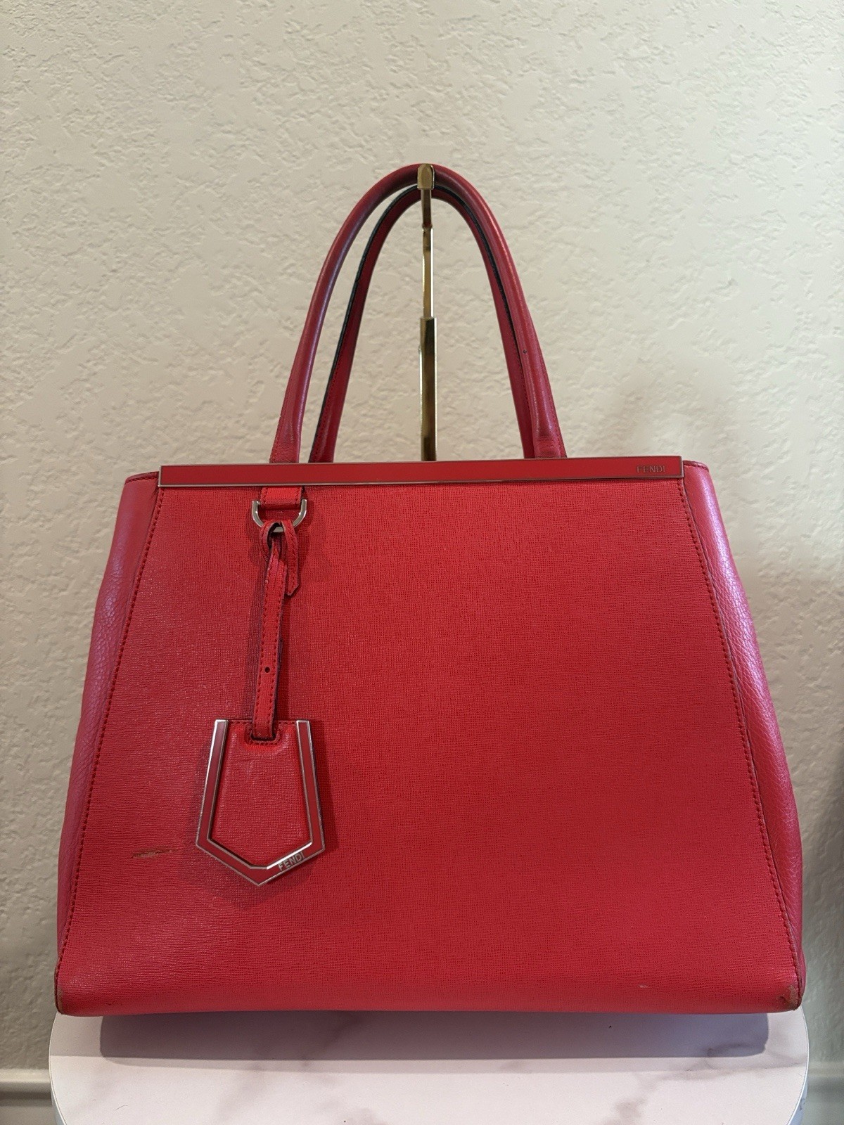 Fendi Red Leather Top-Handle Tote with Bagcharm