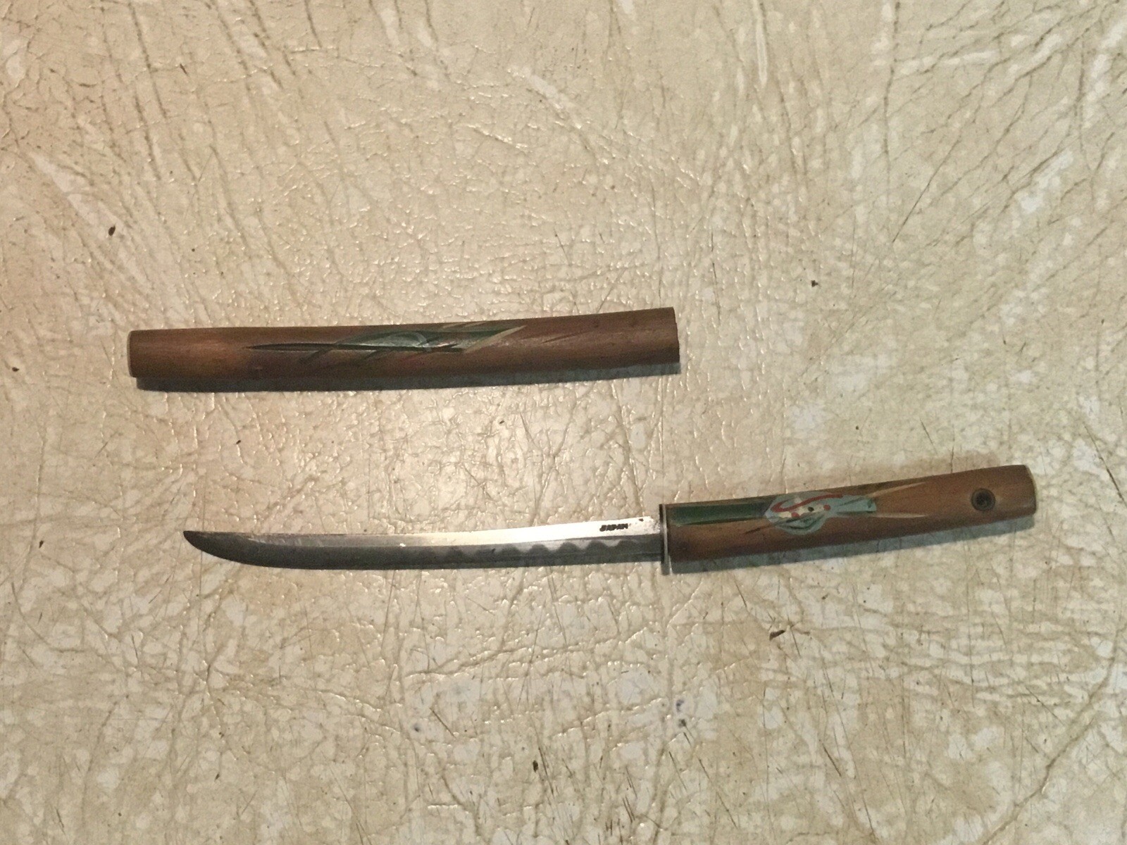 Vintage Japanese Mini Tanto Knife Hand Painted Wood Scabbard Japan 6.5 Vintage Japanese Mini Tanto Knife Hand Painted Wood Scabbard Japan 6.5
