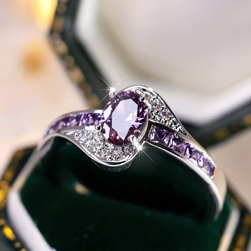 Beautiful Amethyst & Cubic Zirconia Ring, Size 10.  IN THE USA