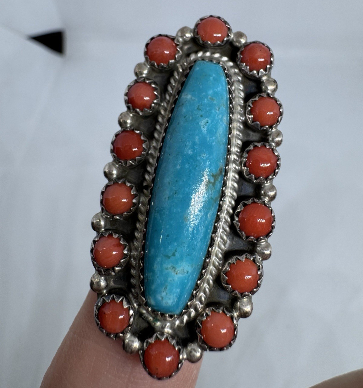 HUGE EXQUISITE VTG NAVAJO STERLING RUNNING BEAR TURQUOISE & CORAL RING-SZ 11-WOW HUGE EXQUISITE VTG NAVAJO STERLING RUNNING BEAR TURQUOISE & CORAL RING-SZ 11-WOW