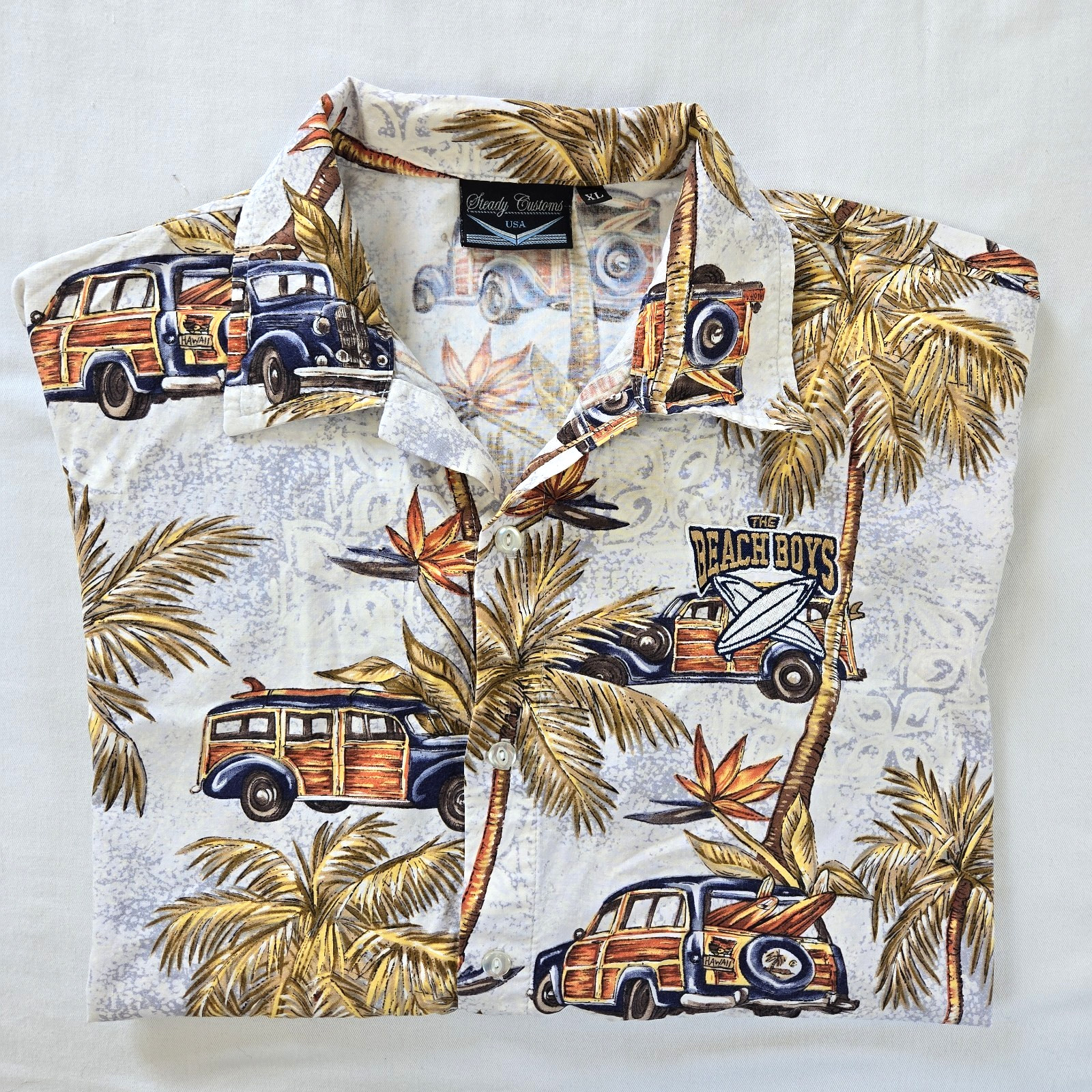 VTG Steady Customs Beach Boys Embroidered Hawaiian Shirt Surf Woody Wagon XL USA VTG Steady Customs Beach Boys Embroidered Hawaiian Shirt Surf Woody Wagon XL USA