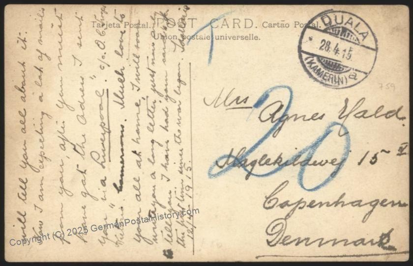 Germany 1915 WWI DUALA Kamerun Camerouns Cover Denmark British Occupation 112704
