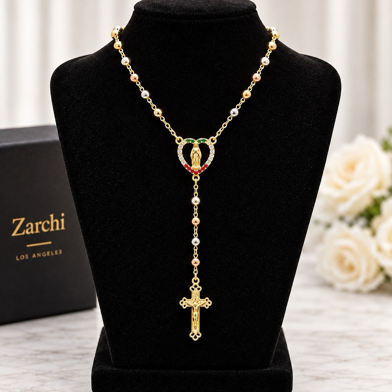 Rosary Necklace 14K Gold Plated 3 color Beaded Guadalupe & Jesus Cross Rosary Necklace 14K Gold Plated 3 color Beaded Guadalupe & Jesus Cross