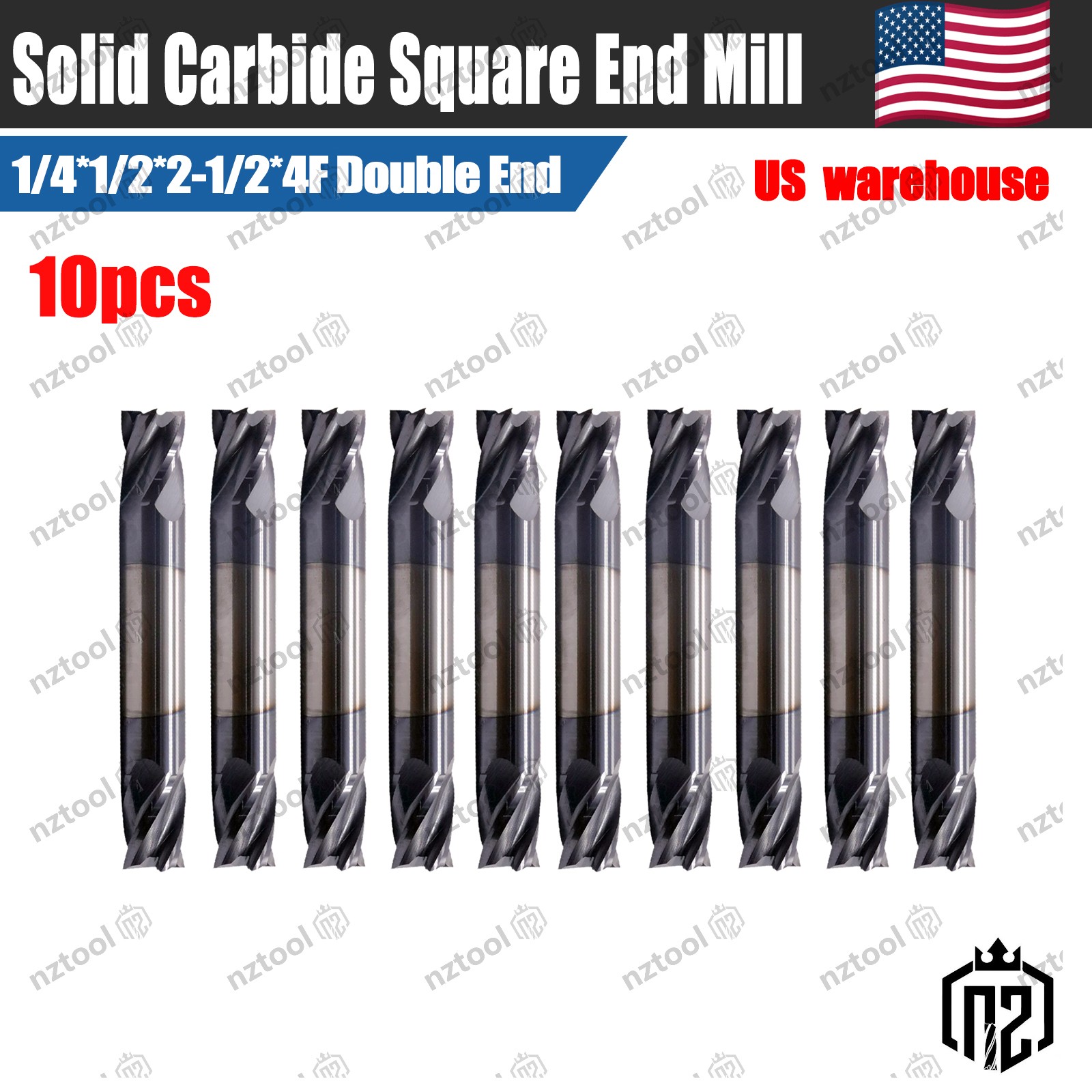 10PCS 1/4 Solid Carbide End Mill Double End 4 Flute 1/2 LOC 2-1/2 OAL AlTiN