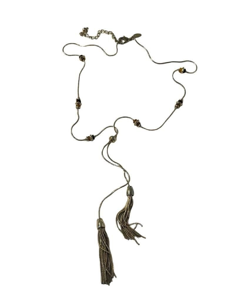 Chico\'s adjustable gold lariat necklace beads and tassels.