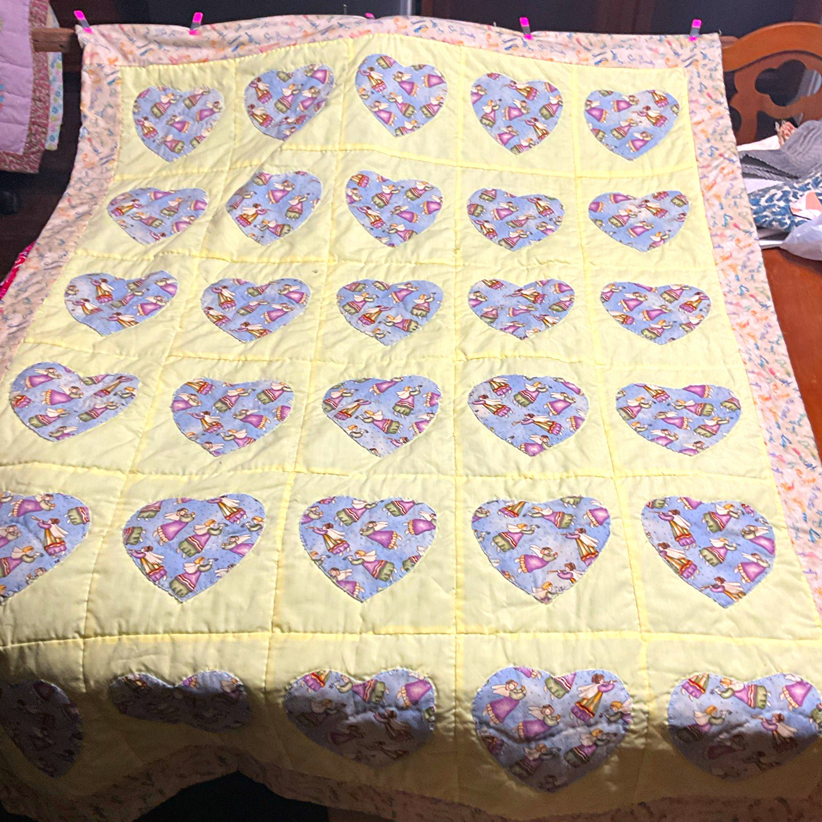 Handmade Throw Patchwork Hearts Quilt, Multicolor Cotton, Blue Backing