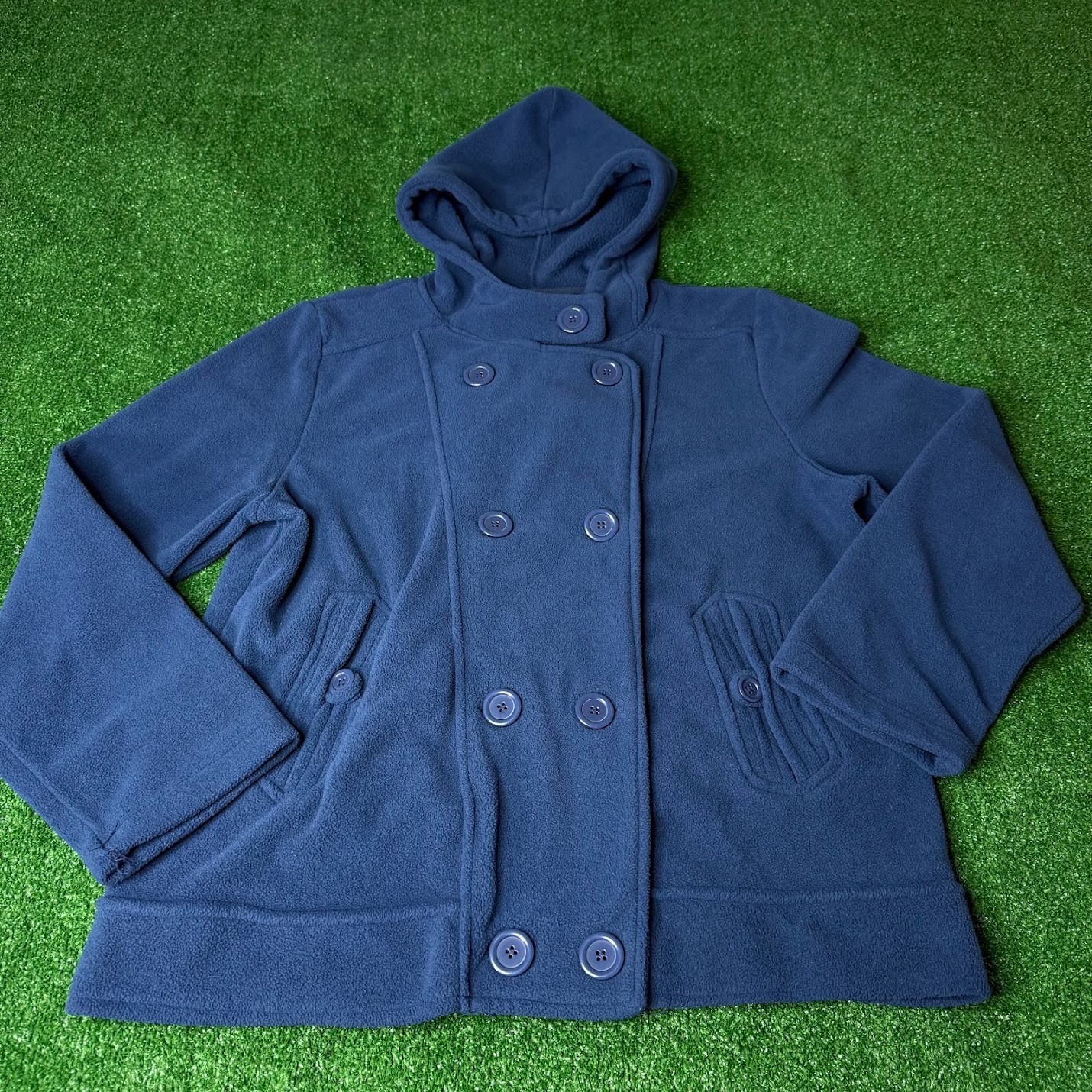 Creazioni Effeci Women\'s Double-Breasted Hooded Fleece Peacoat Navy Jacket L