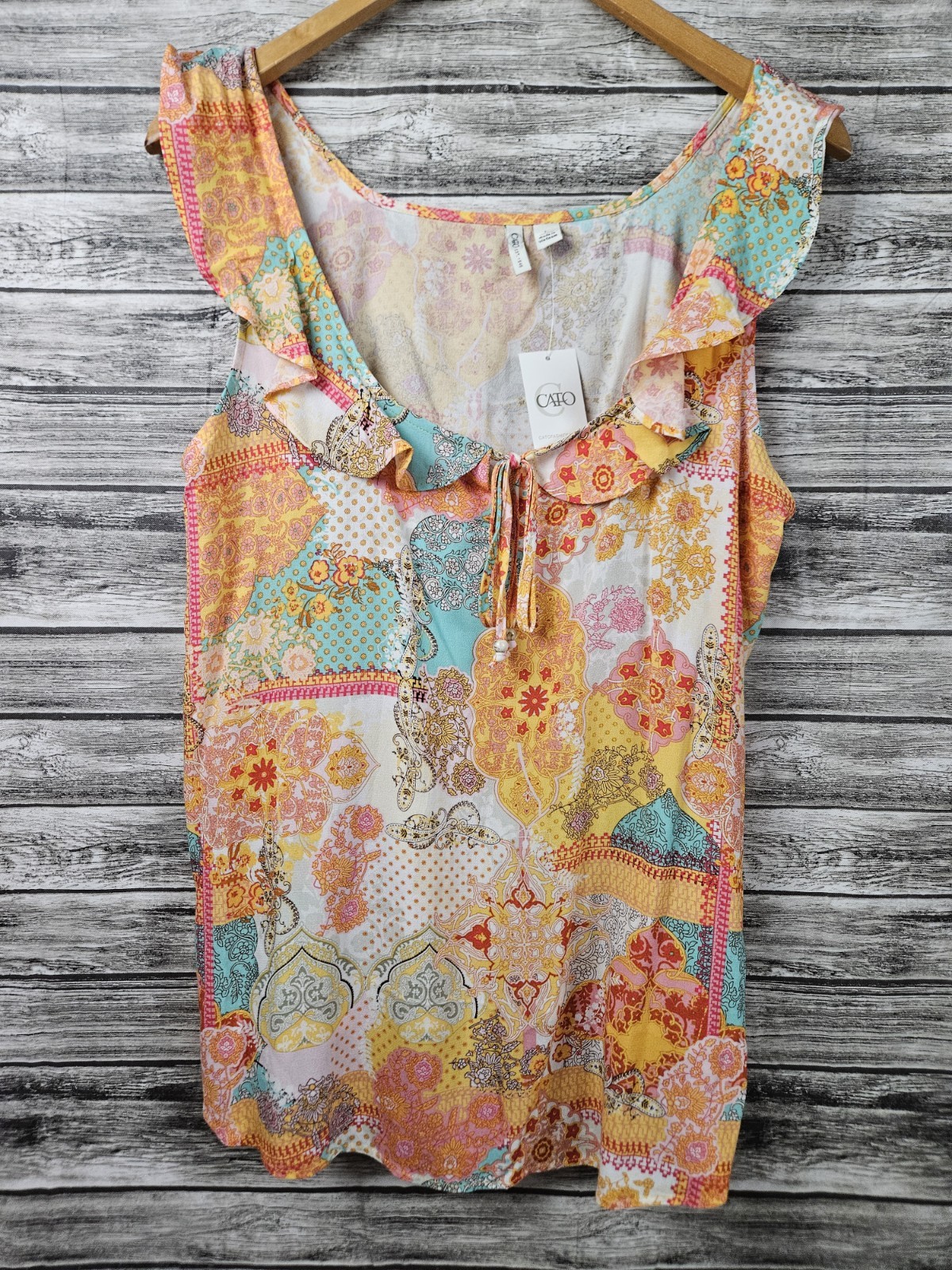 NWT CATO Women\'s Size L Mix Patterns Patchwork Ruffle Neckline Sleeveless Top
