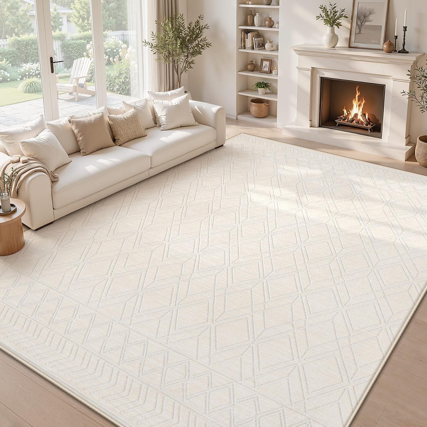 8x10 Area Rug Washable Beige Moroccan Geometric Soft Non Slip Living Room Carpet