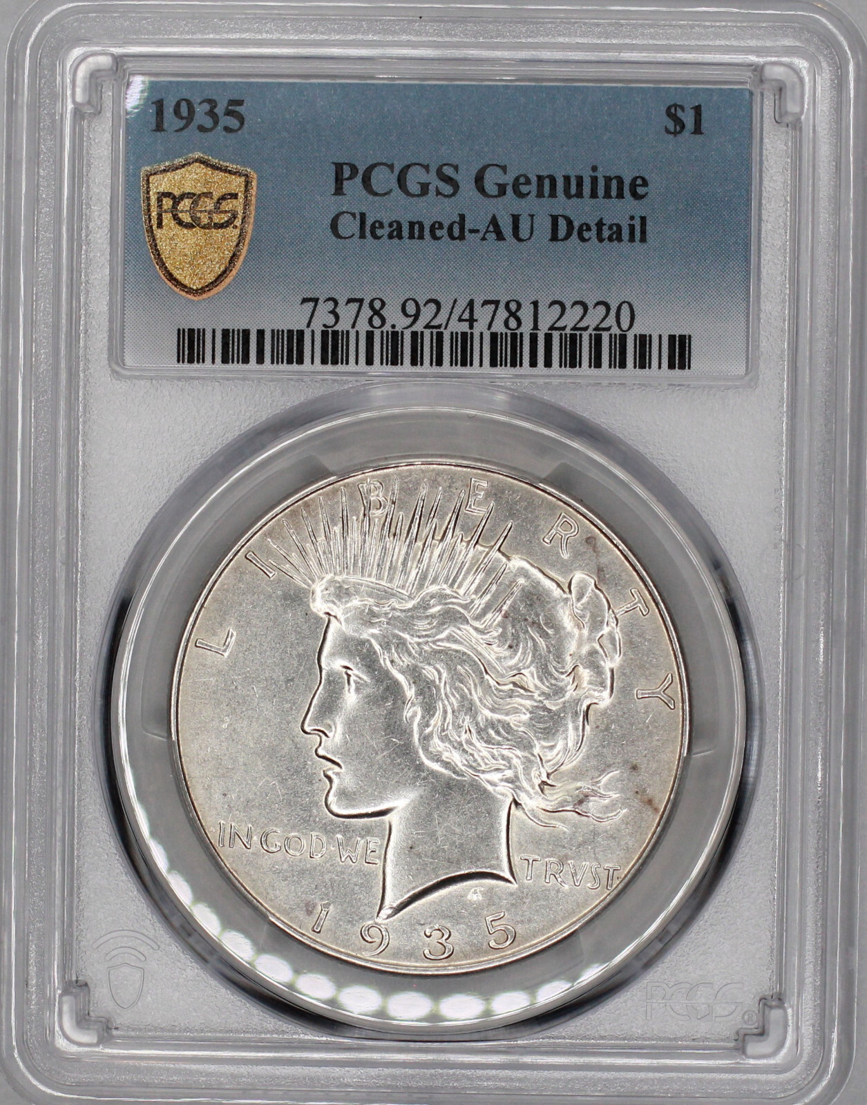 1935 P Peace Silver Dollar PCGS AU Detail Protected by Gold Shield+TrueView 1935 P Peace Silver Dollar PCGS AU Detail Protected by Gold Shield+TrueView