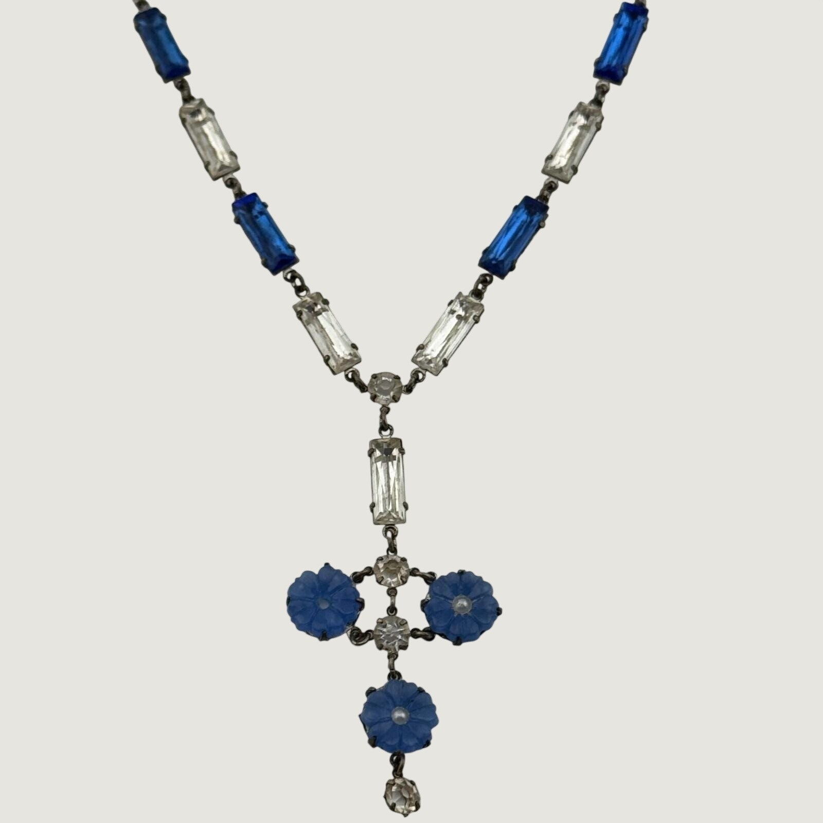 Antique Art Deco Rhinestone Flower Y Drop Necklace Silver Tone READ Antique Art Deco Rhinestone Flower Y Drop Necklace Silver Tone READ