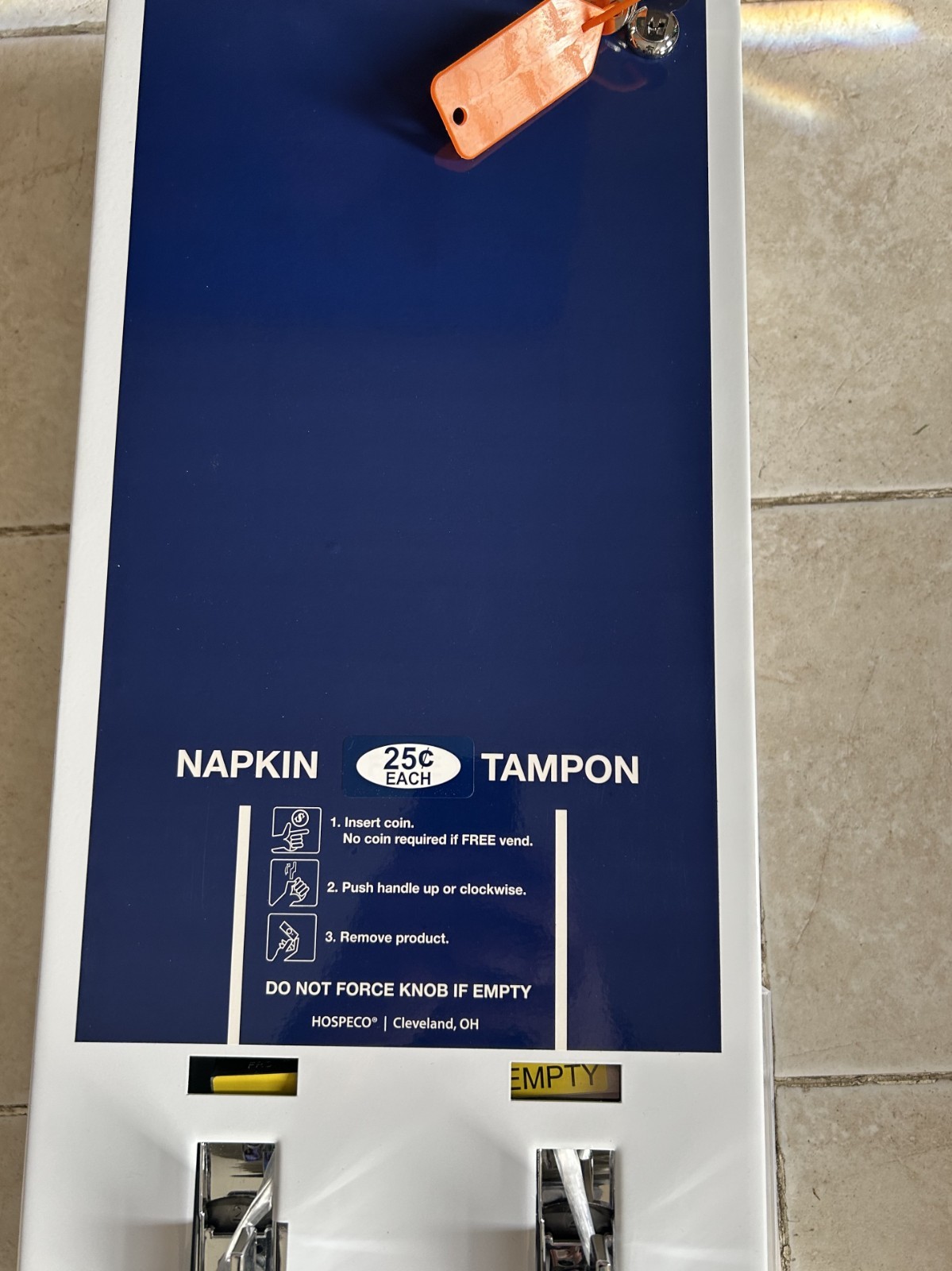 Hospeco Tampon&Napkin Dispenser 25¢ Coin/FREE Vend Commercial Bathroom Machine