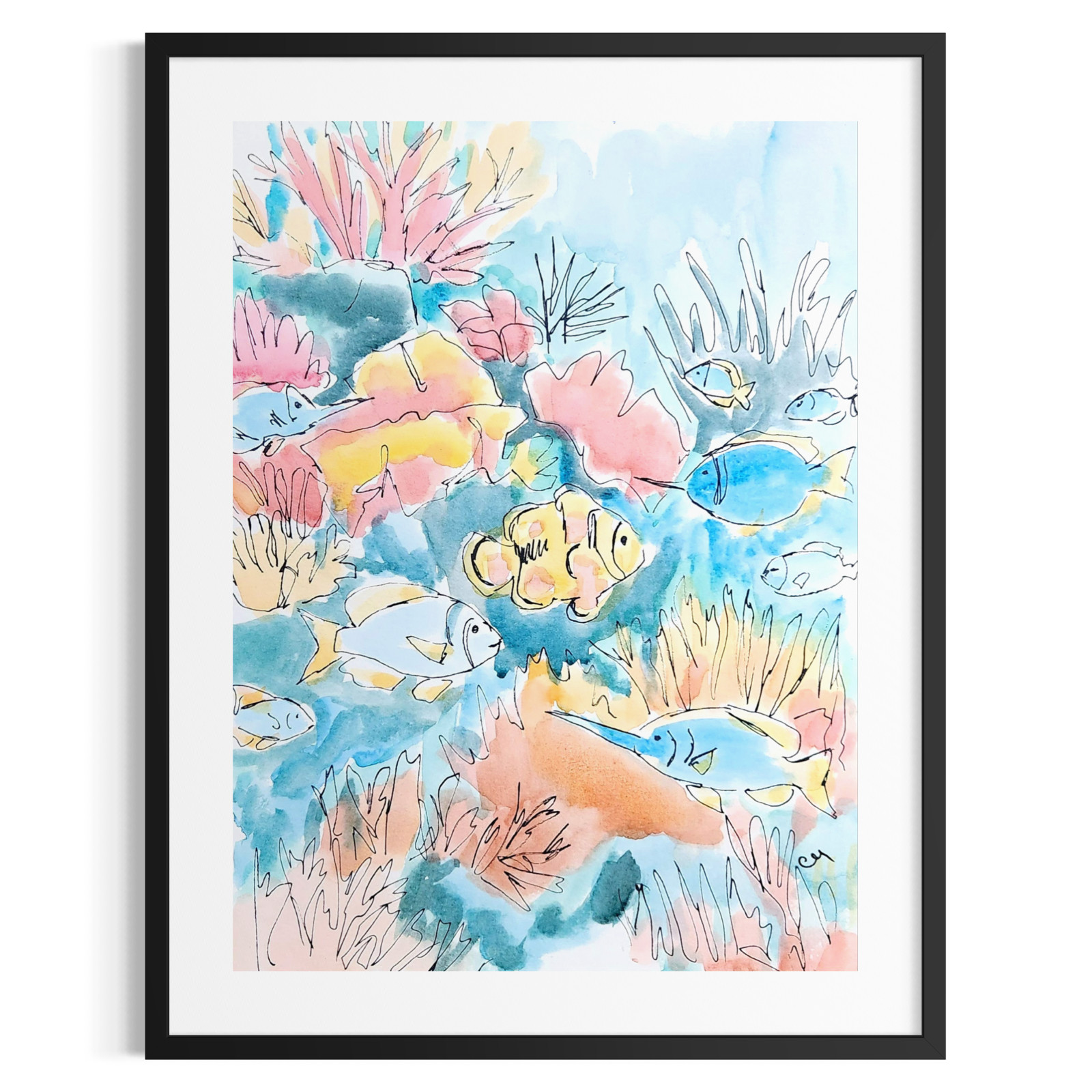 Original Underwater Scene 9x12 Fish Painting Watercolor Blue Wall Art Paper