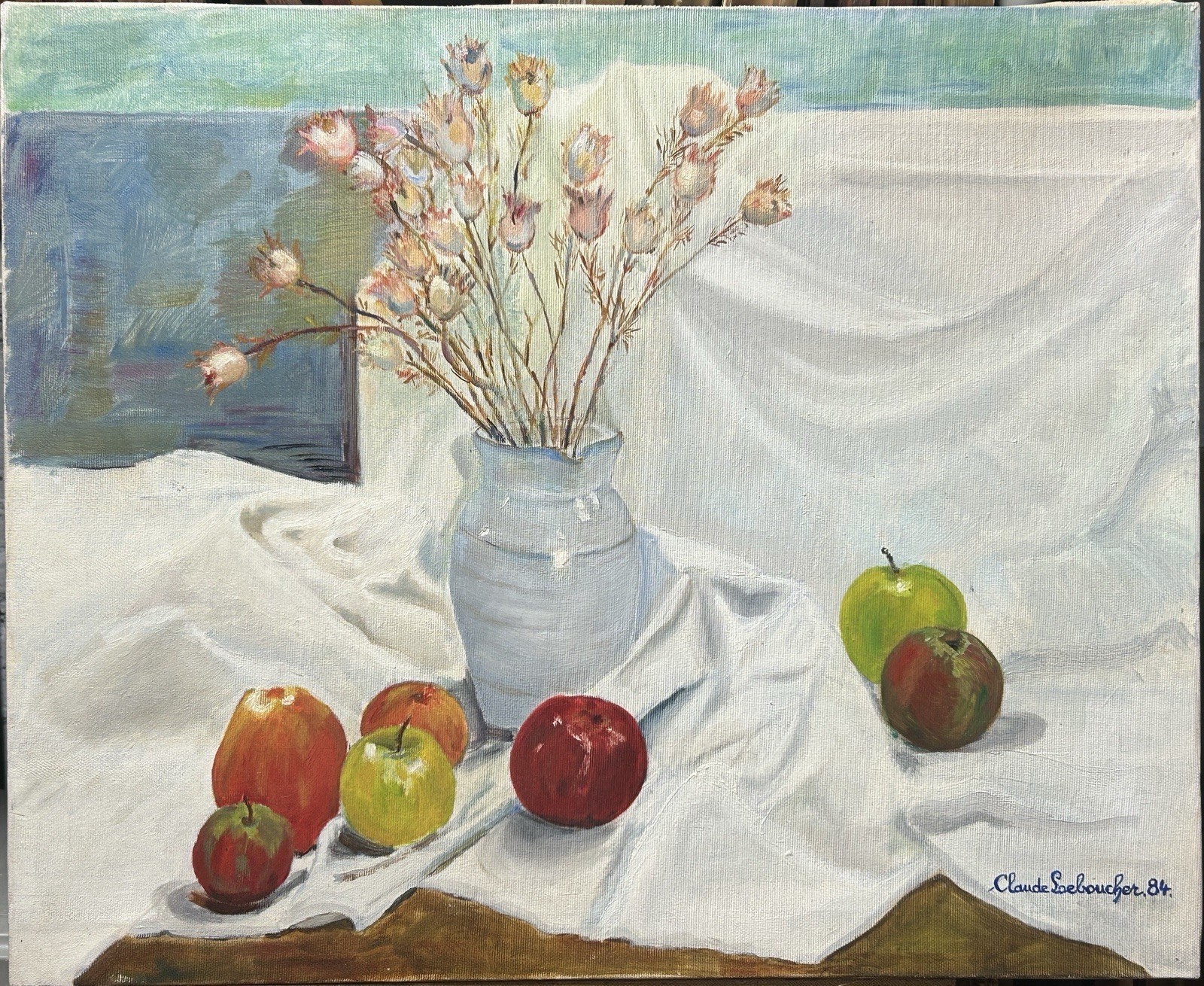 Vintage Still Life Original Oil on Canvas Painting, Signed, 1984
