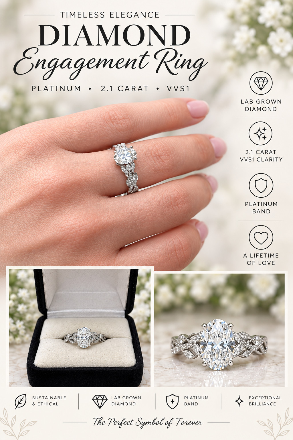 Elegant platinum engagement ring with a 2.1 carat lab-grown diamond.