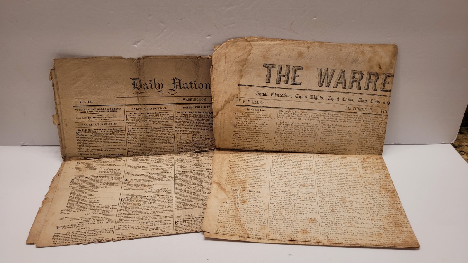 ANTIQUE Vintage Daily National Intelligence Warren Journal Newspapers 1863/1852 ANTIQUE Vintage Daily National Intelligence Warren Journal Newspapers 1863/1852
