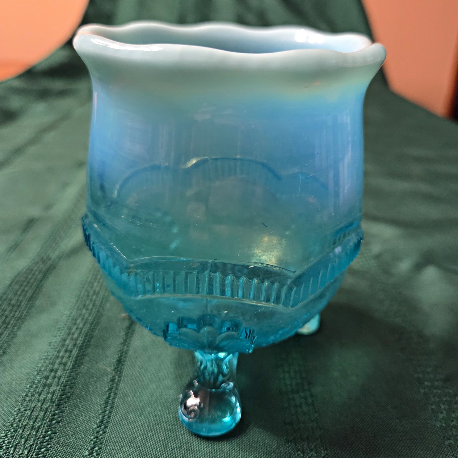 Antique Blue Opalescent Glass Lady\'s Spitoon/Rose Bowl