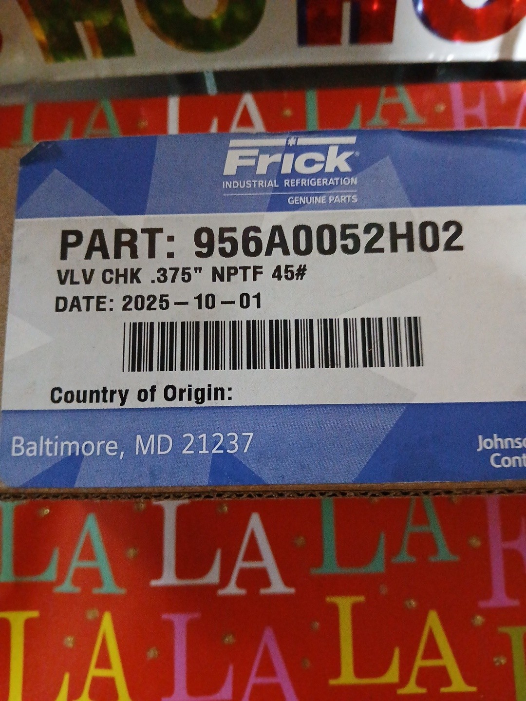 Johnson Controls Frick #956A0052H02/( Vlv Chk .375 Johnson Controls Frick #956A0052H02/( Vlv Chk .375