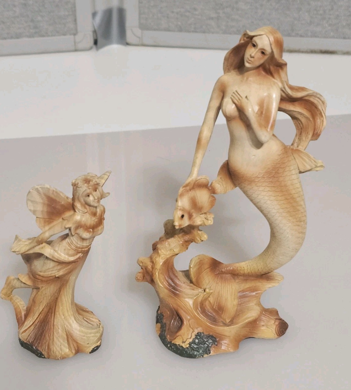 Ebros Gift Faux Wood Mermaid & Fairy Statue Set Coastal Driftwood Fantasy Decor