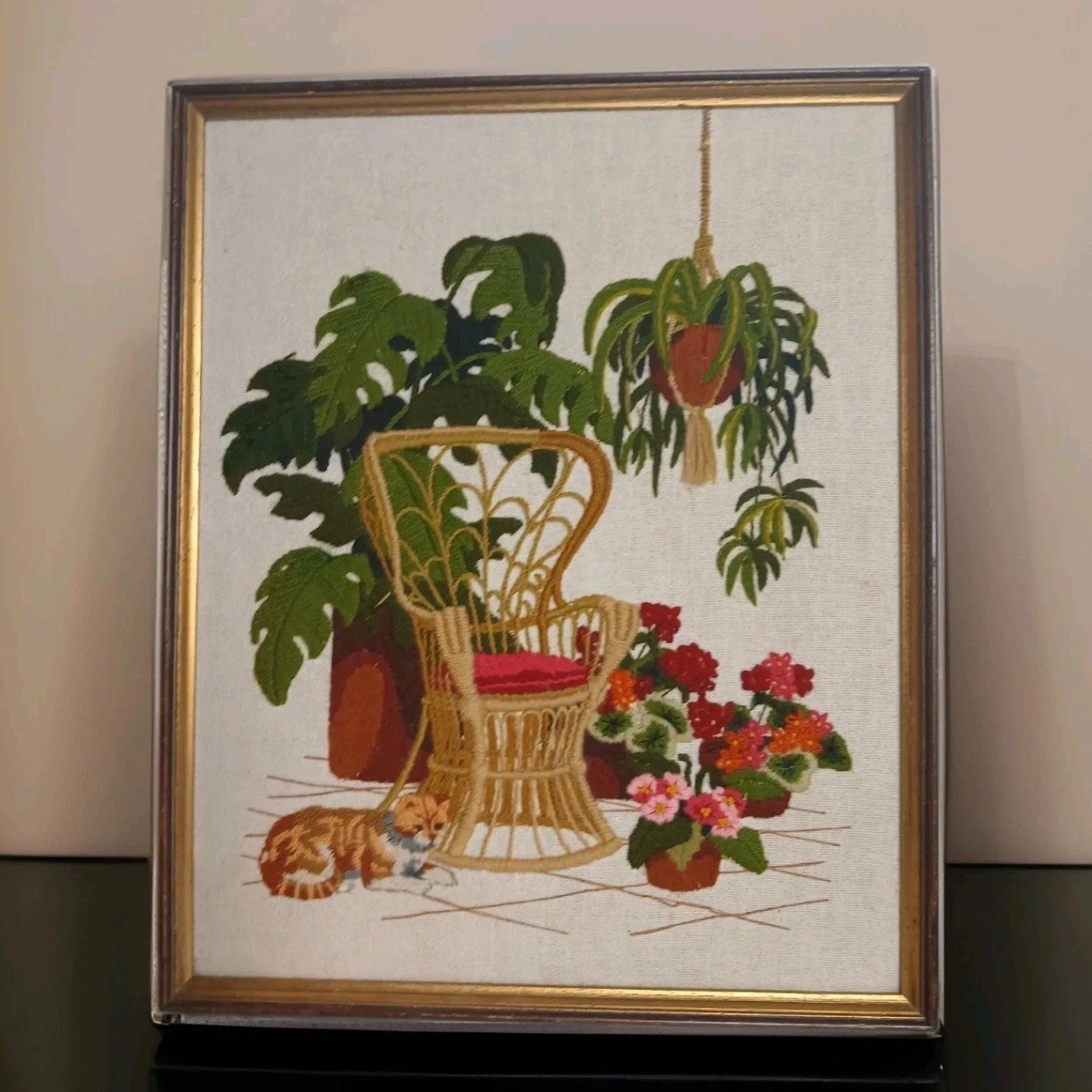 Vintage 1977 Crewel Sunset Designs Wicker Chair Cat Floral Embroidery 17x23 Boho