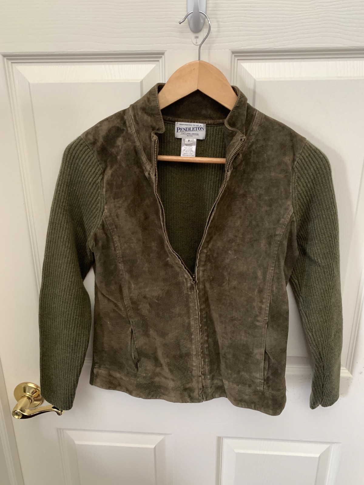 Pendleton Petite P Women Mixed Media Suede Leather Merino Wool Zip Jacket Green