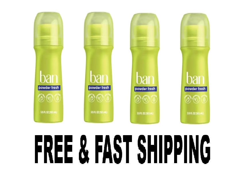 (4 pack) Ban Antiperspirant Deodorant Invisible Roll-On for Women and Men, Powde