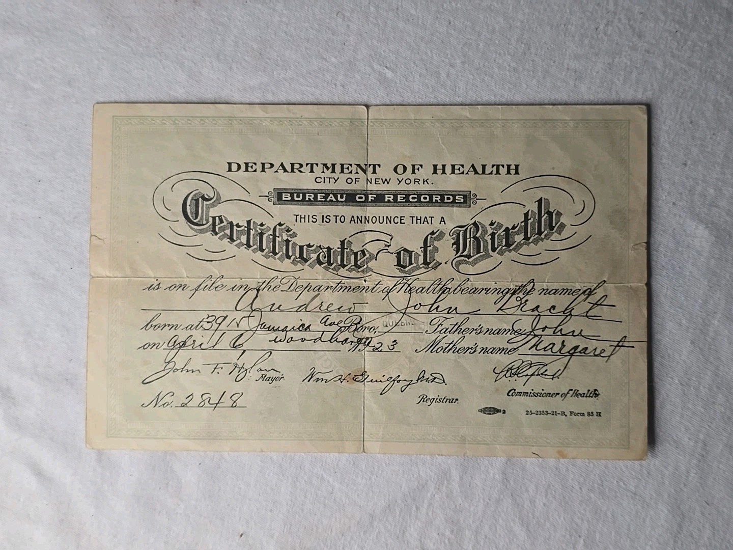 Birth Certificate - Vintage 1923 City Of New York 