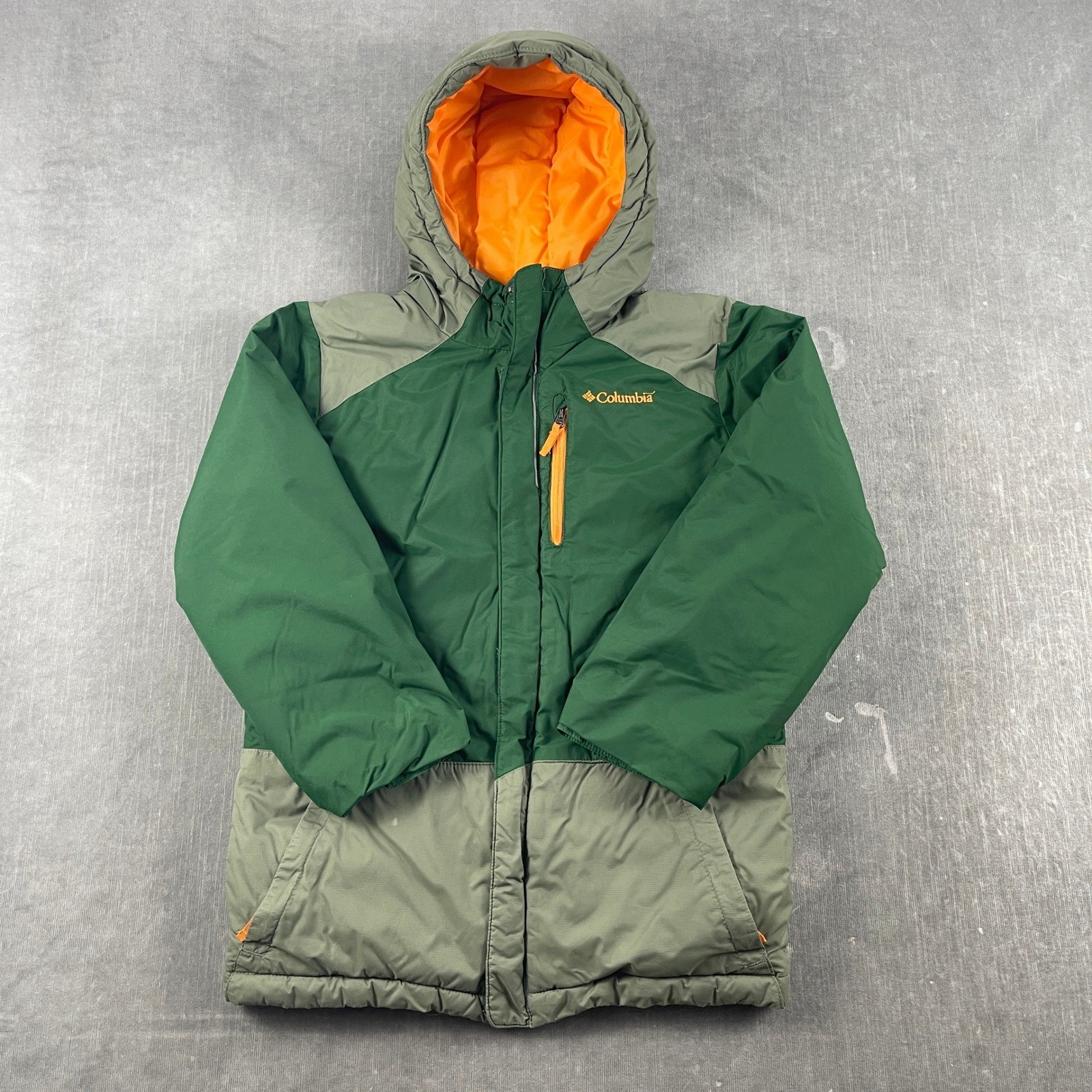Columbia Kids M 10/12 Green Puffer Jacket Insulated Hooded Colorblock